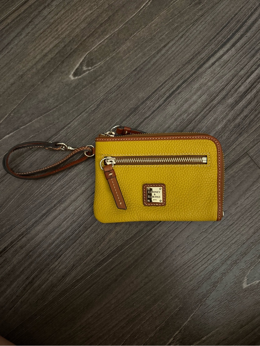 Dooney & Bourke Mustard Yellow Pebbled Leather Wristlet with Brown Trim